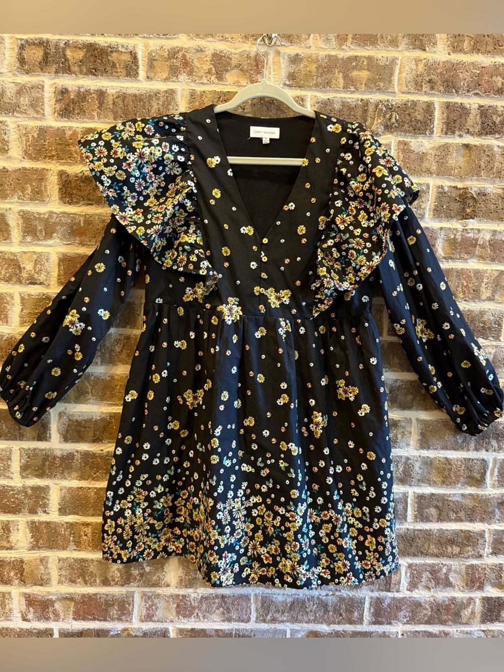 Lost + Wander Black Floral Ruffle Sleeve Babydoll Mini Dress Long Sleeve M